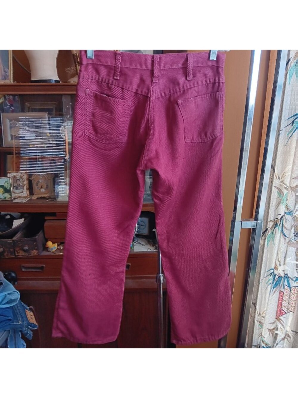 Vintage Mens Boootcut Jeans 29x27 70s PAINT RELIC BURGUNDY FLARE HIPPY JEANS